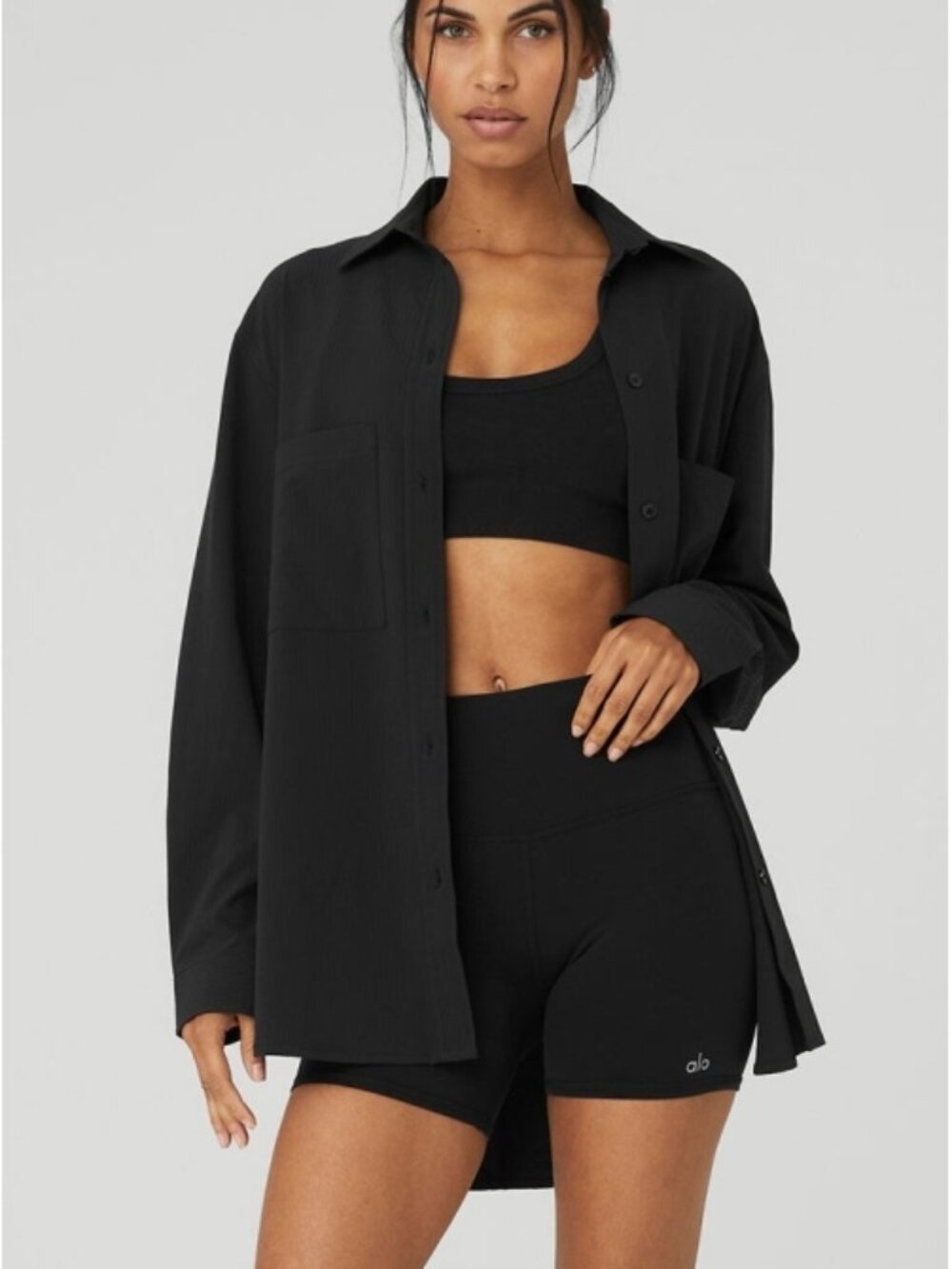 Alo Dreamscape Button Down Long Sleeve Black Oversized Flowy Business Blouse Top